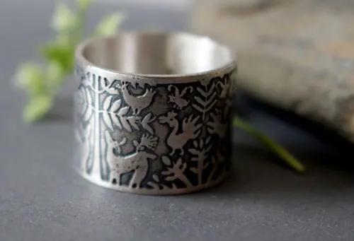 El árbol de las ciervas, anillo ciervos y aves otomí en plata