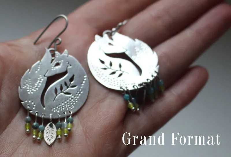 El zorro de los trigales, aretes amigo del Principito en plata, ágata azul y ágata verde