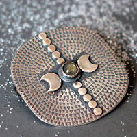 Equinox, moon and astronomy brooch in silver and labradorite