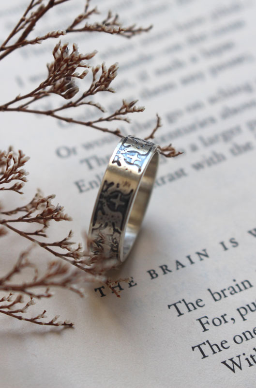 Esperanza y paz, anillo con paloma, estrella y rama de olivo en plata