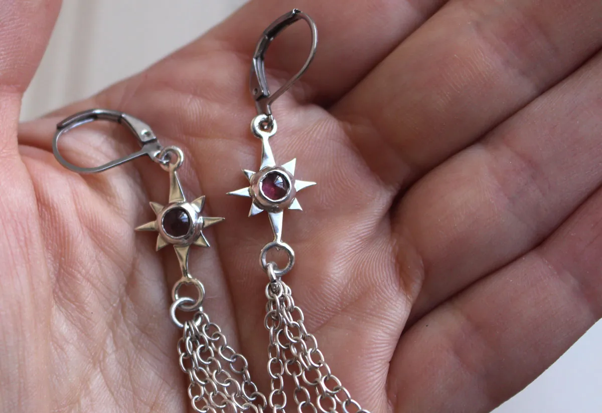 Estrella fugaz, aretes deseo celestial en plata y turmalina rosa