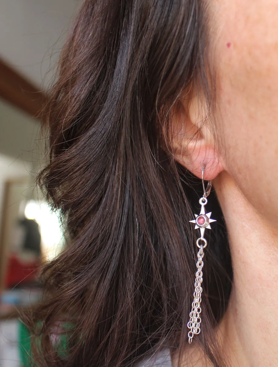 Estrella fugaz, aretes deseo celestial en plata y turmalina rosa