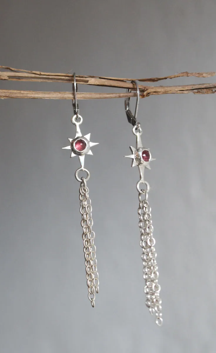 Estrella fugaz, aretes deseo celestial en plata y turmalina rosa