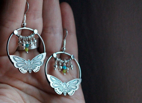 Farandole, butterfly earrings in silver, yellow agate, green agate and amazonite