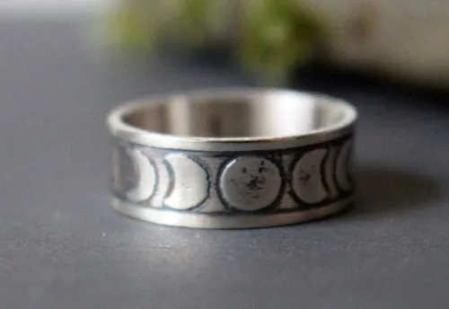 Fases de la luna, anillo astro nocturno en plata