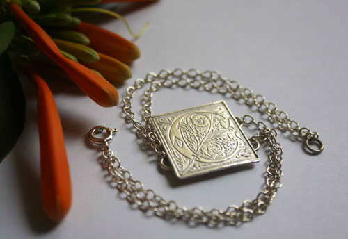 Finial, medieval illuminated initial bracelet in sterling silver