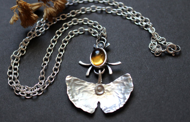 Firefly, ginkgo leaf necklace in silver and citrine
