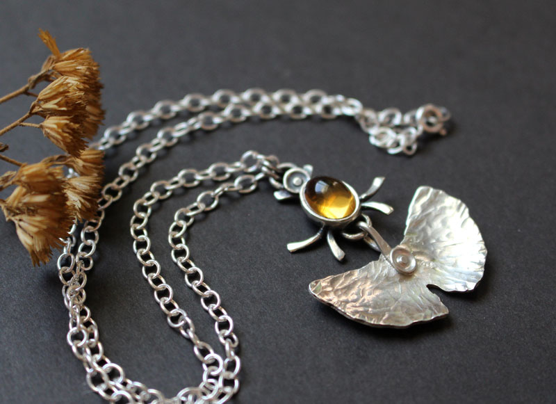 Firefly, ginkgo leaf necklace in silver and citrine