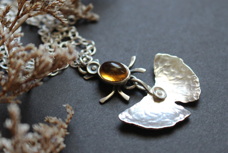 Firefly, ginkgo leaf necklace in silver and citrine