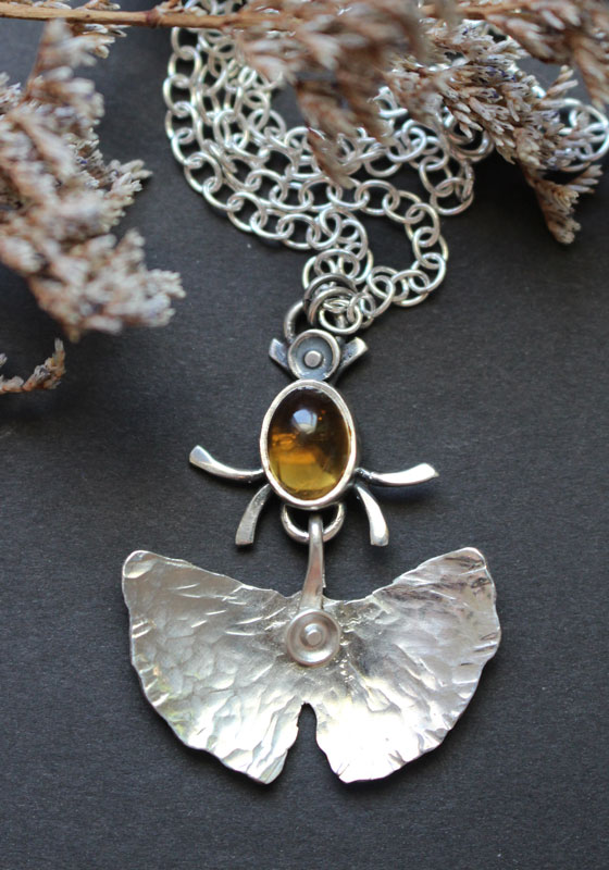 Firefly, ginkgo leaf necklace in silver and citrine