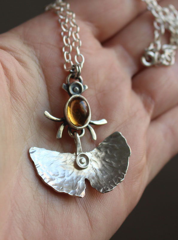 Firefly, ginkgo leaf necklace in silver and citrine