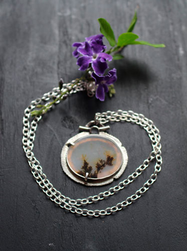 Flowers in winter, frozen landscape necklace in silver and dendritic agate