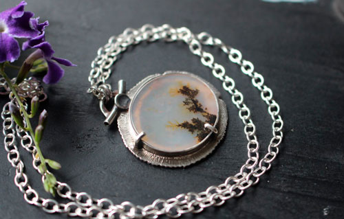 Flowers in winter, frozen landscape necklace in silver and dendritic agate