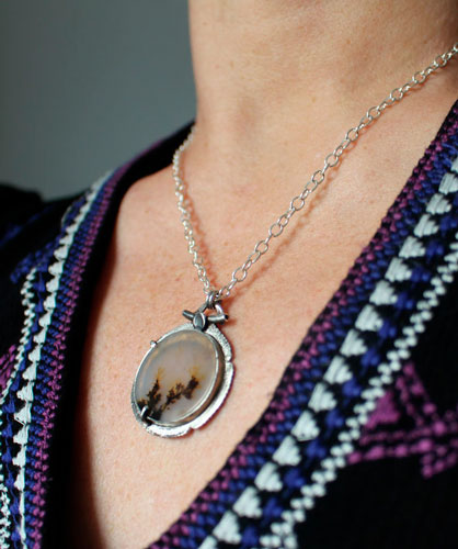 Flowers in winter, frozen landscape necklace in silver and dendritic agate