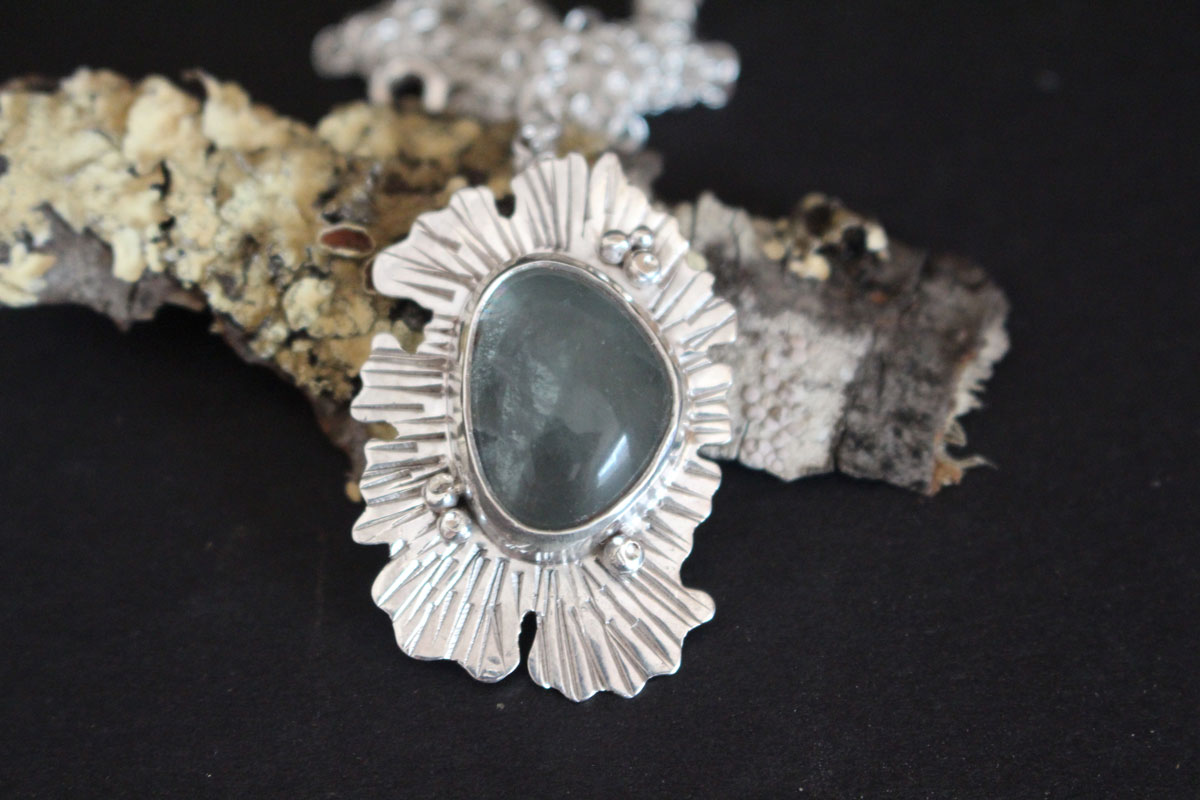 Fluorite lichen, symbiote necklace in silver and fluorite