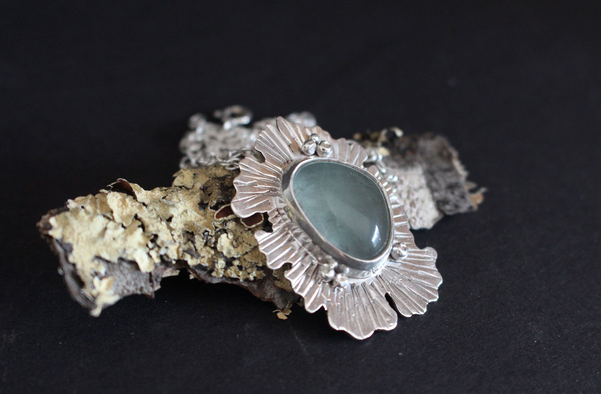 Fluorite lichen, symbiote necklace in silver and fluorite