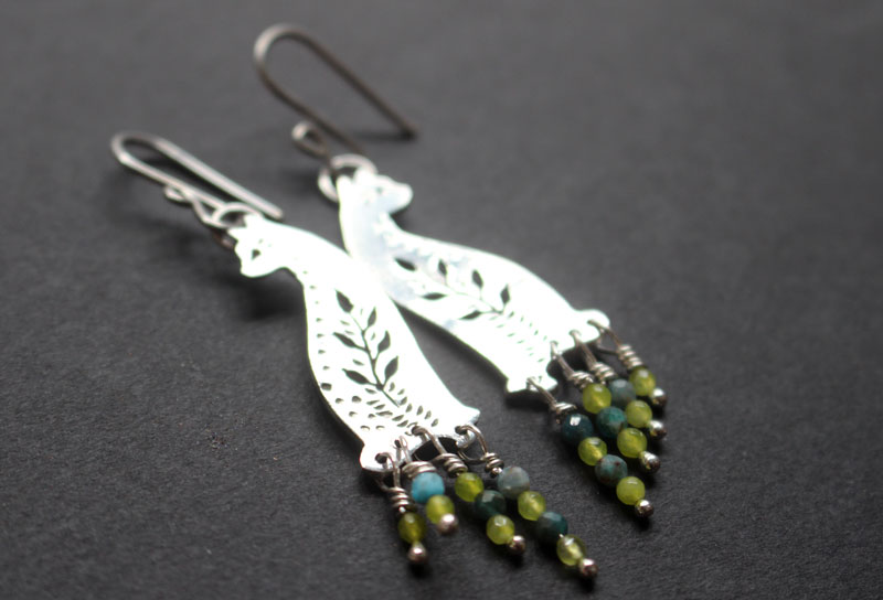 Forest cat, nature guardian earrings in silver, blue agate and green agate