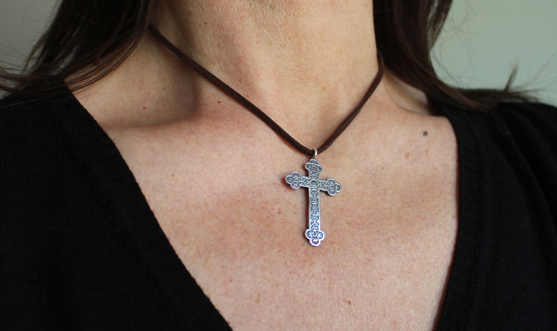 Forged cross, trefoil cross with spiral necklace in silver