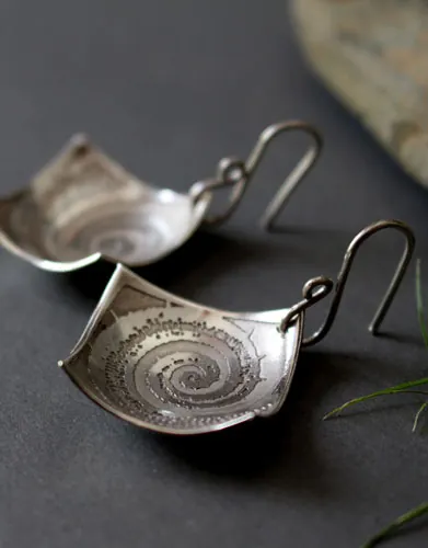 Fósil, aretes Amonitas en plata