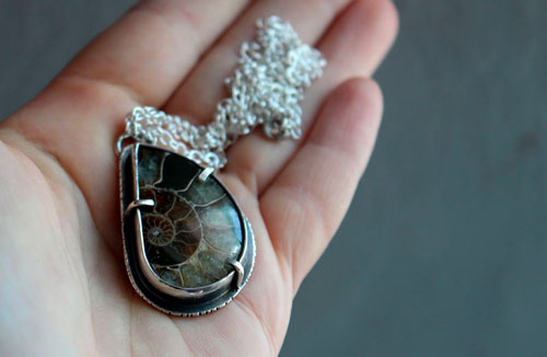 From the bottom of the ocean, underwater exploration necklace in silver and fossil ammonite