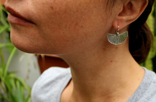 Ginkgo leaf, medicinal plant earrings in sterling silver