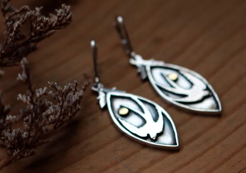 Golondrina de primavera, aretes ave y sol en plata y latón