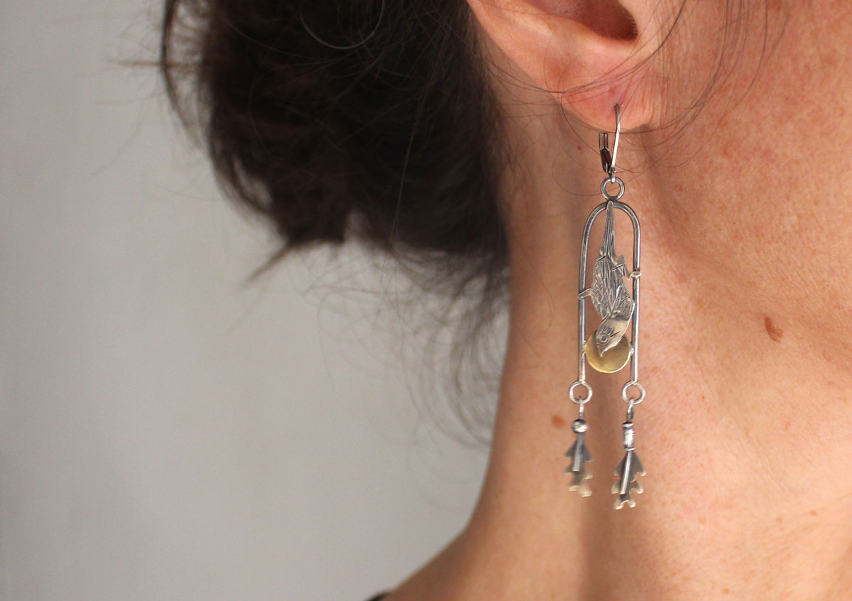 Gorrión, aretes ave Japonesa en plata y latón