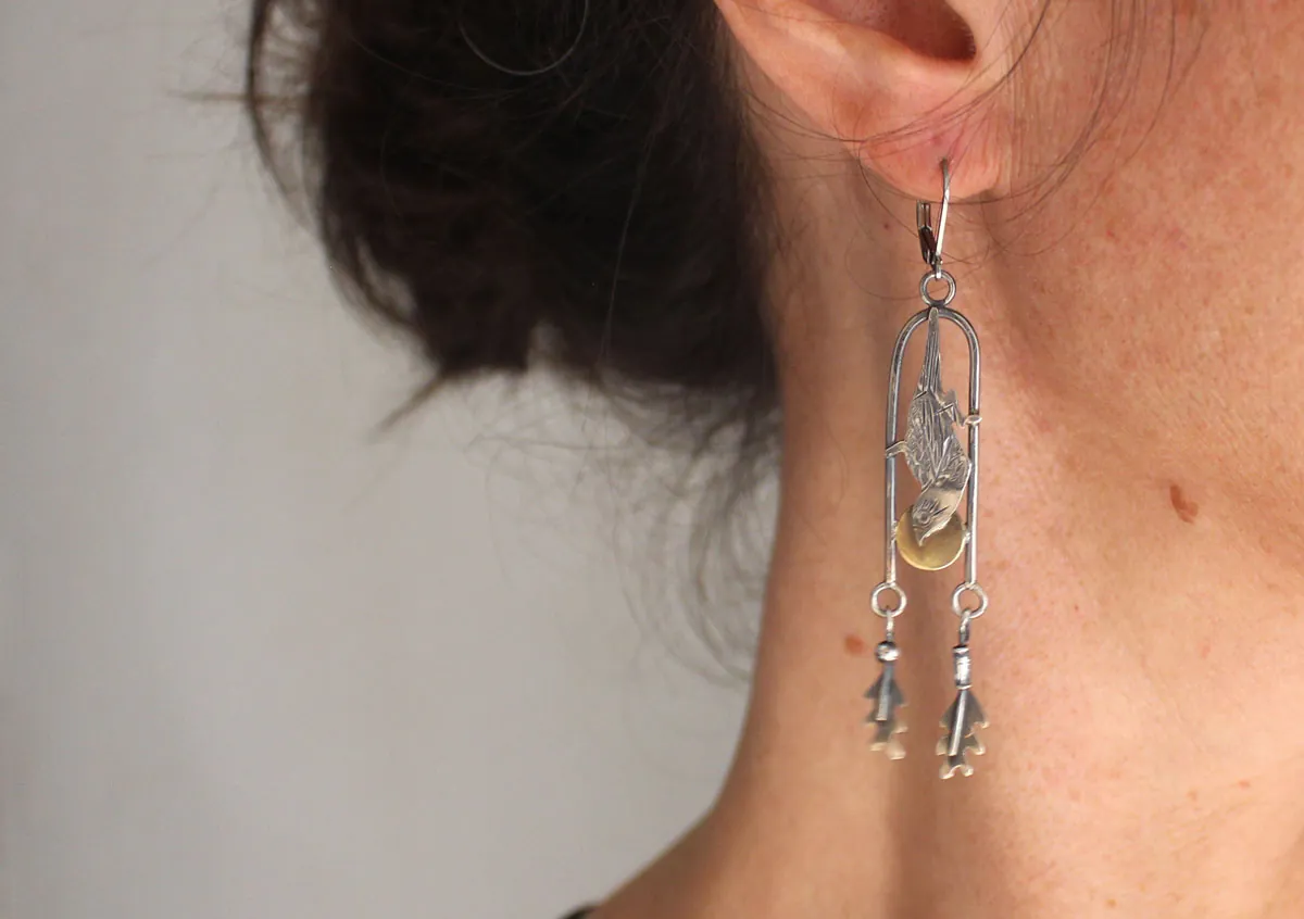 Gorrión, aretes ave Japonesa en plata y latón