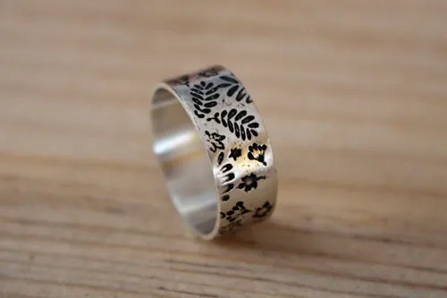 Herbario de hojas del bosque, anillo huella de la naturaleza en plata