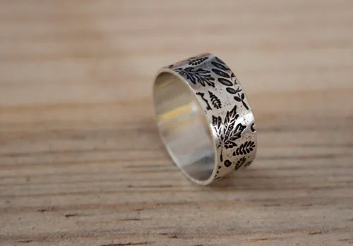 Herbario de hojas del bosque, anillo huella de la naturaleza en plata