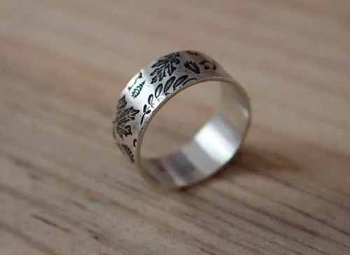 Herbario de hojas del bosque, anillo huella de la naturaleza en plata