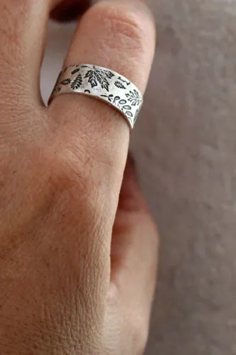Herbario de hojas del bosque, anillo huella de la naturaleza en plata