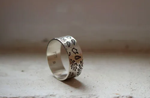 Herbario de hojas del bosque, anillo huella de la naturaleza en plata