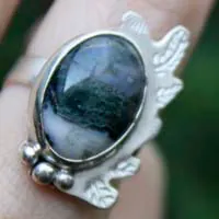Hoja de musgo, anillo bosque de invierno en plata y ágata musgosa