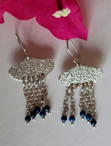 Huyana, aretes lluvia amerindia en plata y lapislázuli