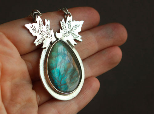 Ice Leaves, Nordic frost necklace in silver and labradorite