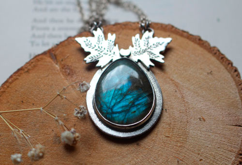 Ice Leaves, Nordic frost necklace in silver and labradorite