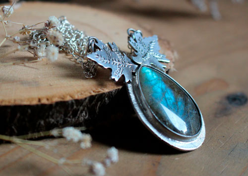 Ice Leaves, Nordic frost necklace in silver and labradorite