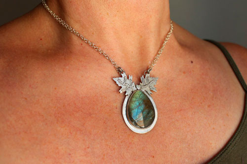 Ice Leaves, Nordic frost necklace in silver and labradorite