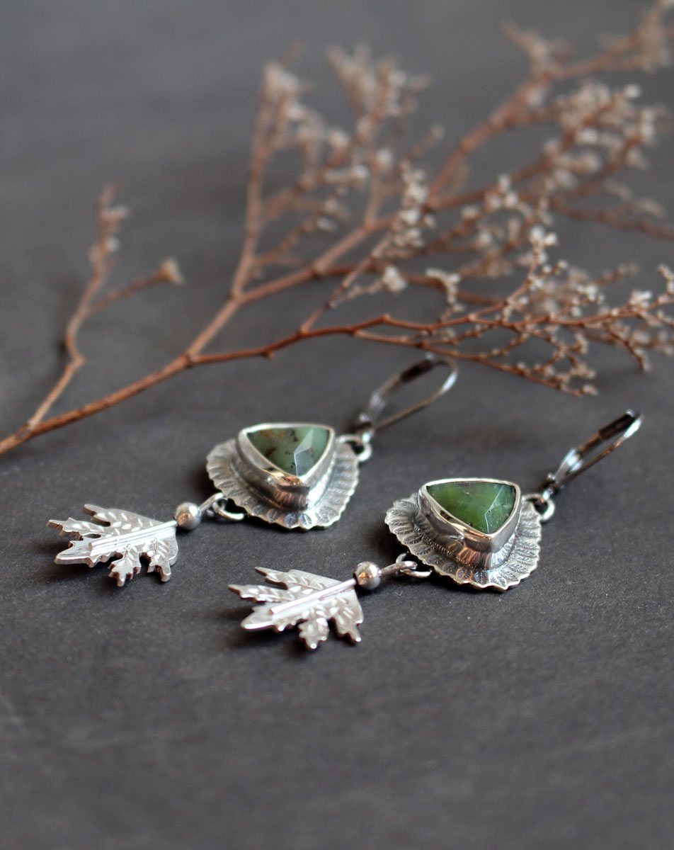 In the heart of the forest, leaf earrings in silver and chrysoprase