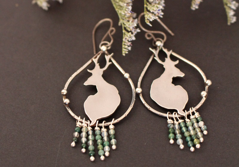 In the stillness of dawn, deer earrings in silver and moss agate