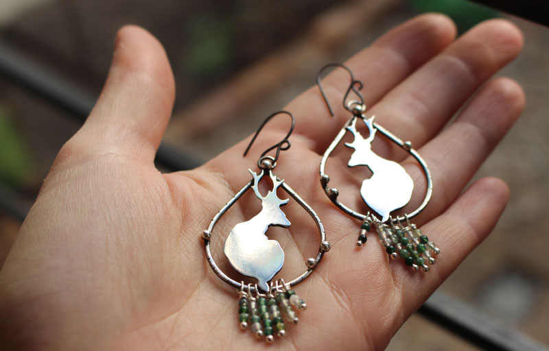 In the stillness of dawn, deer earrings in silver and moss agate