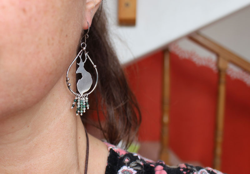 In the stillness of dawn, deer earrings in silver and moss agate
