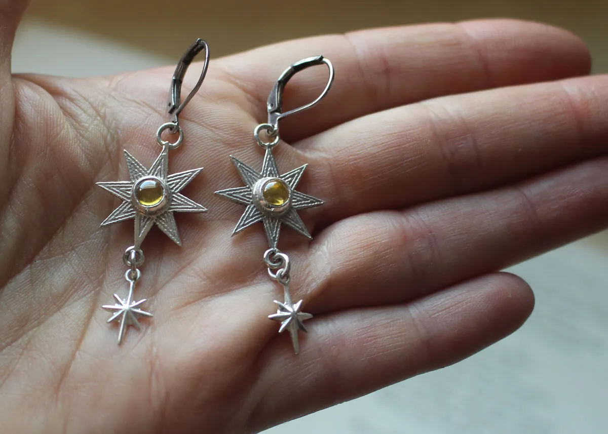 Ishtar, aretes estrella mesopotámica en plata y zircón amarilla