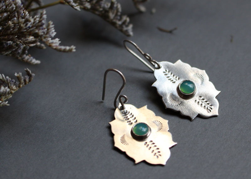 Kirakee, Moorish oriental architecture earrings in silver and chrysoprase