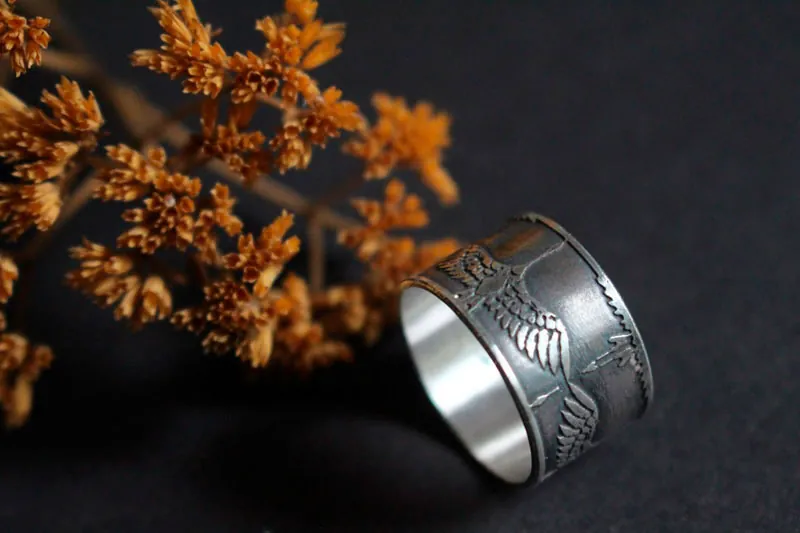 Leyenda de las 1000 grullas, anillo pájaro japonés en plata