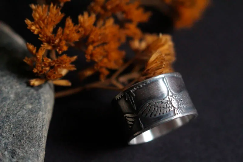 Leyenda de las 1000 grullas, anillo pájaro japonés en plata