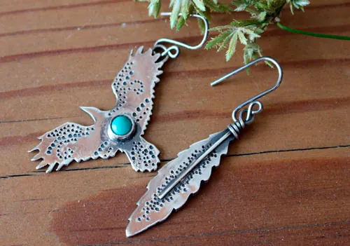 Libertad, aretes águila y pluma en plata y turquesa