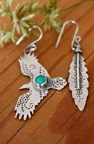 Libertad, aretes águila y pluma en plata y turquesa