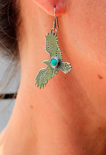 Libertad, aretes águila y pluma en plata y turquesa